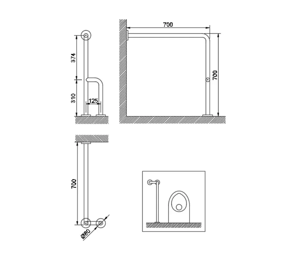 Bathroom handrail for the disabled Nofer 90 degrees right brushed 70*70cm 15204.S